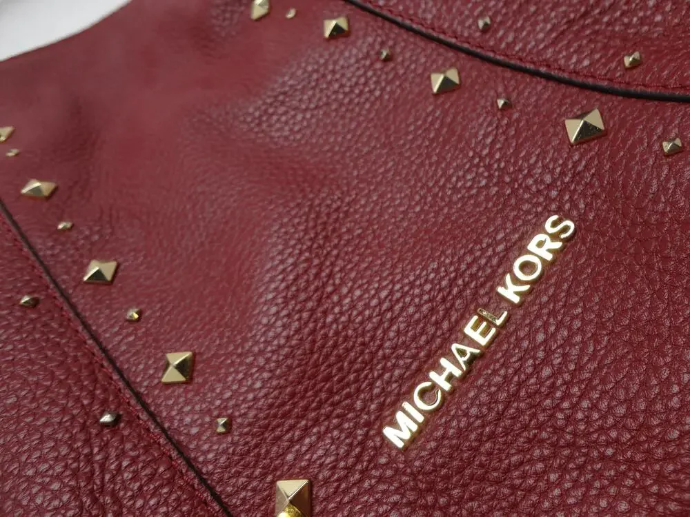 Michael Kors Shoulder Bag Womens Large Red Leather Studded Chain Purse Gold